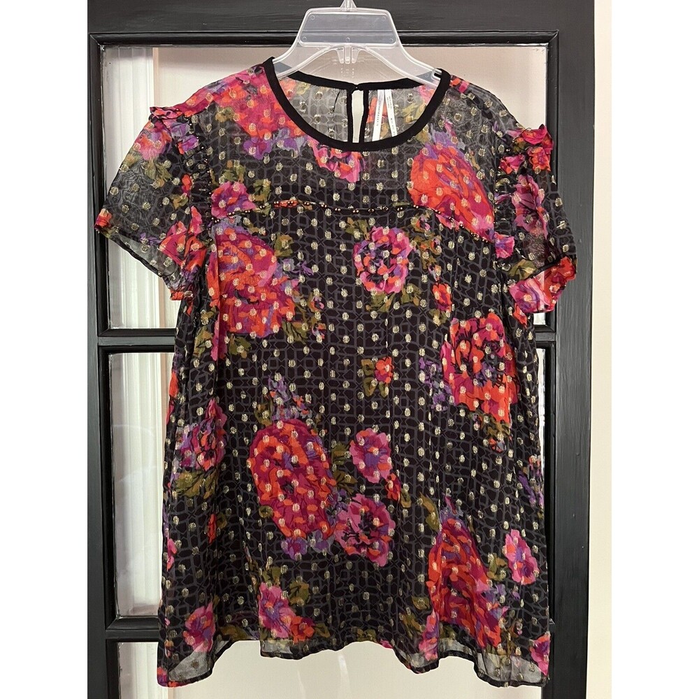 Anthropologie Top Black Tunic Gold Bead Embroidery Floral Sheer Shirt Size 4 EUC